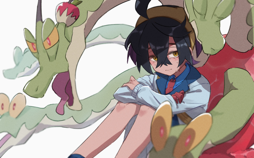 1boy 82hanico ahoge black_hair blue_shirt blurry closed_mouth collared_shirt commentary_request crossed_bangs crying hair_between_eyes hairband highres hydrapple jacket kieran_(pokemon) knees looking_to_the_side male_focus mole mole_on_neck necktie pokemon pokemon_(creature) pokemon_sv red_necktie sad shirt sitting tears yellow_hairband