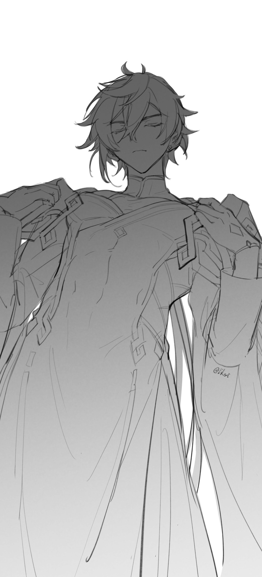 1boy absurdres chinese_clothes closed_eyes closed_mouth eksi648870681 genshin_impact gloves greyscale hair_between_eyes highres long_hair long_sleeves male_focus monochrome ponytail simple_background sketch solo twitter_username very_long_hair zhongli_(genshin_impact)