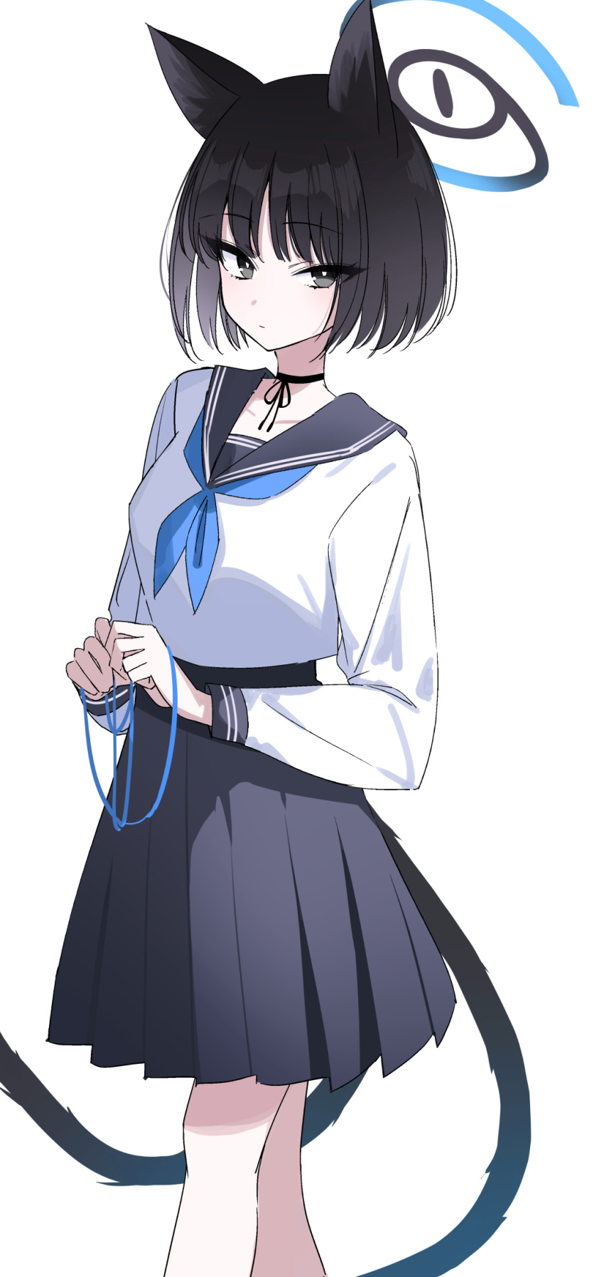 1girl animal_ears black_eyes black_hair black_sailor_collar black_skirt blue_archive blue_halo blue_neckerchief cat_ears cat_tail closed_mouth collarbone feet_out_of_frame halo highres ichiki_1 kikyou_(blue_archive) long_sleeves looking_at_viewer multiple_tails neckerchief pleated_skirt sailor_collar short_hair simple_background skirt solo tail two_tails white_background