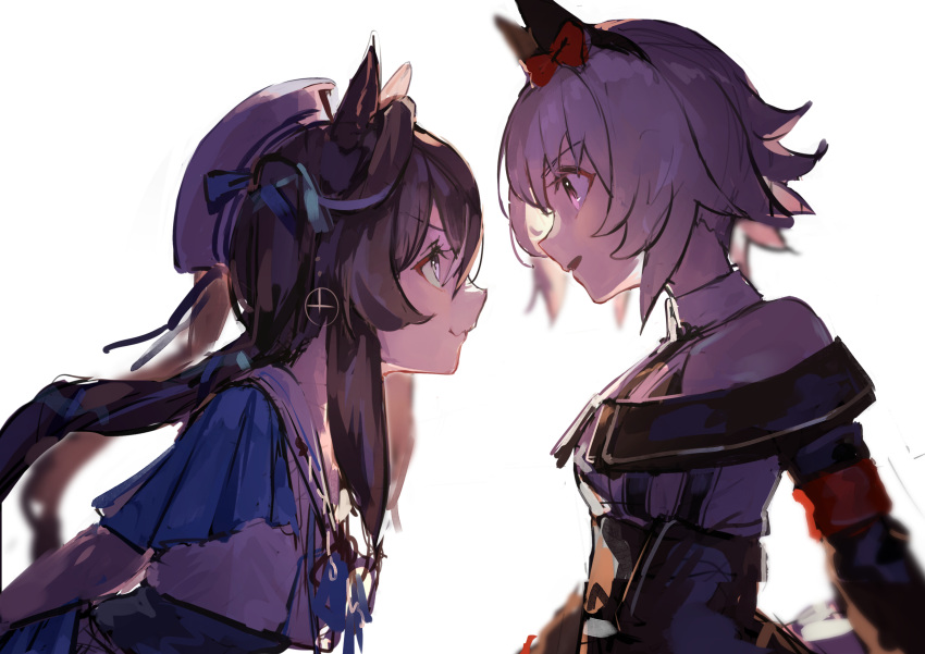 2girls absurdres animal_ears black_dress black_headband blue_cape blue_ribbon bow brown_hair cape curren_chan_(umamusume) dress ear_covers from_side grey_hair hair_bow hair_ribbon hat headband highres horse_ears horse_girl horse_tail long_hair long_sleeves looking_at_another medium_hair multicolored_clothes multicolored_dress multiple_girls open_mouth red_bow ribbon shirt sidelocks simple_background single_ear_cover sleeveless striped_clothes striped_dress tail twintails umamusume upper_body violet_eyes vivlos_(umamusume) white_background white_dress white_headwear white_shirt yu_hydra