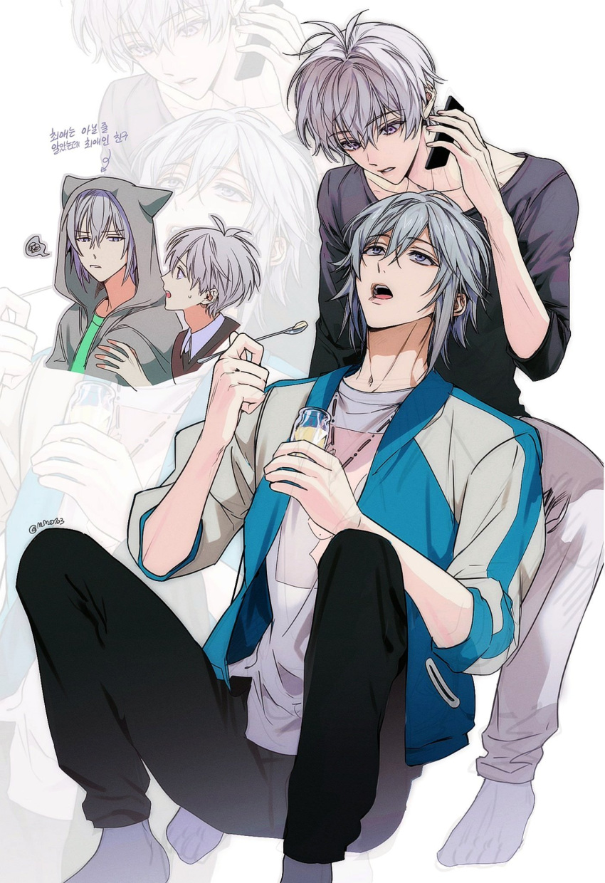 2boys cellphone eye_contact highres idolish7 jacket looking_at_another m_m_pb multiple_boys open_clothes open_jacket pants phone short_hair smartphone socks white_hair