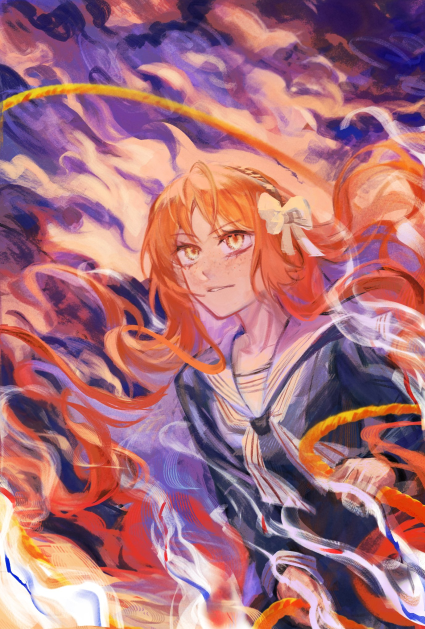 1girl black_shorts bow brown_hairband clouds determined e.g.o_(project_moon) freckles hair_bow hairband highres holding holding_rope huanxue ishmael_(project_moon) limbus_company long_hair long_sleeves neckerchief orange_eyes orange_hair parted_lips project_moon rope sailor_collar shorts solo upper_body very_long_hair white_bow white_neckerchief white_sailor_collar