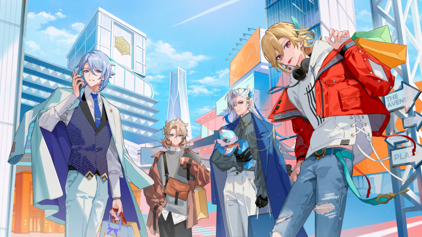 4boys absurdres albedo_(genshin_impact) alternate_costume aqua_belt aqua_eyes arm_at_side asymmetrical_bangs bag belt belt_buckle black_gloves black_pants blonde_hair blue_coat blue_hair blue_necktie bolo_tie brooch brown_jacket bubbly_seahorse_(genshin_impact) buckle building candy city clenched_hand closed_mouth clouds coat coat_on_shoulders collared_shirt cowboy_shot cross-laced_clothes curtained_hair day denim drawstring earrings fanny_pack feather_hair_ornament feathers food food_in_mouth frilled_shirt frilled_sleeves frills full_body genshin_impact gloves grey_shirt grey_sweater_vest grey_vest hair_between_eyes hair_ornament hair_over_shoulder hand_in_pocket hand_on_own_hip hand_up headphones highres holding holding_bag holding_phone holding_stuffed_toy hood hood_down hoodie jacket jeans jewelry kamisato_ayato kaveh_(genshin_impact) light_blue_hair light_smile lollipop long_hair long_sleeves looking_at_viewer lowro_(en) male_focus medium_hair midriff_peek mole mole_under_mouth multicolored_hair multiple_boys necktie neuvillette_(genshin_impact) off_shoulder official_art open_clothes open_jacket pants paper_bag parted_lips phone red_eyes red_jacket sayagata shirt shirt_tucked_in shopping_bag sign smile standing streaked_hair stuffed_toy sweater_vest tie_clip torn_clothes torn_jeans torn_pants untucked_shirt vest violet_eyes watch watch white_coat white_hair white_hoodie white_pants white_shirt