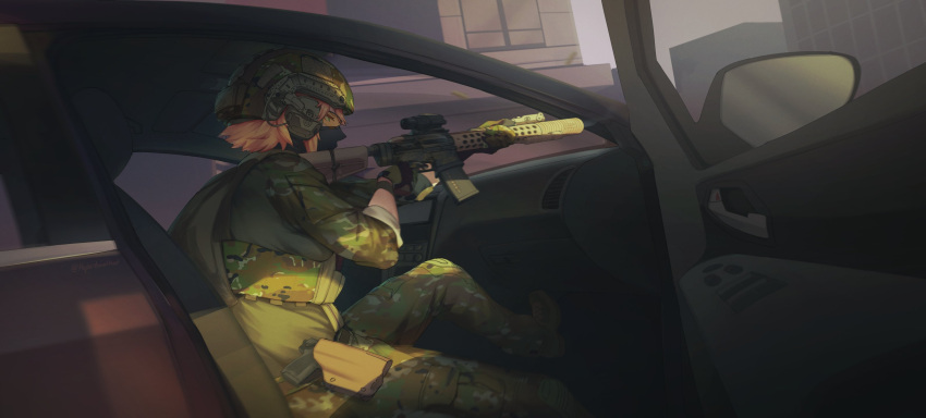 1girl ar-15 camouflage car firing gun handgun headset highres looking_to_the_side mask military_uniform motor_vehicle mouth_mask open_door original paperboathat rifle signature sitting sleeves_rolled_up solo sonya_(paperboathat) suppressor uniform weapon
