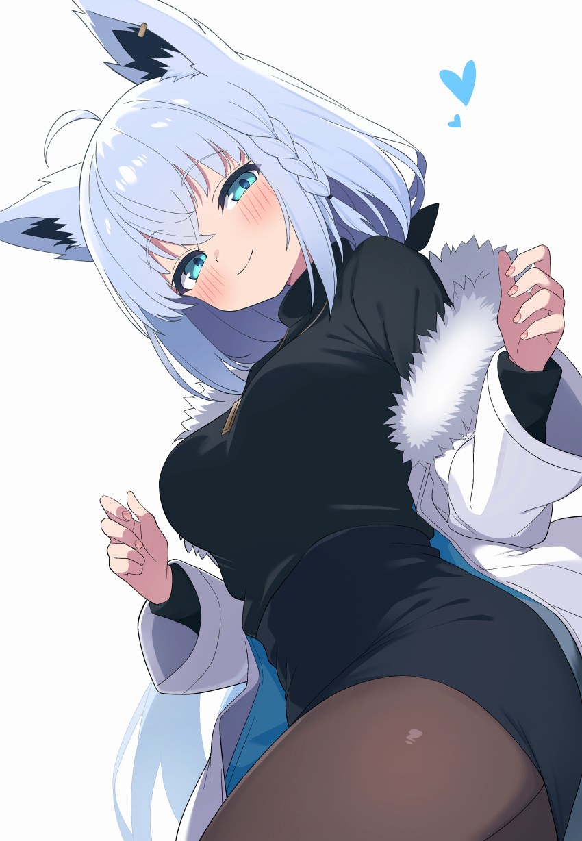 1girl absurdres ahoge animal_ear_fluff animal_ears arm_up black_bow black_shirt black_sleeves blue_heart blush bow braid brown_thighhighs coat earrings fox_ears fox_girl fox_tail from_below fur-trimmed_coat fur_trim green_eyes hair_between_eyes hair_bow heart high-waist_skirt highres hiroikara_(smhong04) hololive jewelry long_hair long_sleeves looking_at_viewer looking_down off-shoulder_sweater off_shoulder pendant shirakami_fubuki shirt side_braid sidelocks single_braid single_earring skirt smile solo sweater tail thigh-highs turtleneck_shirt virtual_youtuber w_arms white_background white_coat white_hair