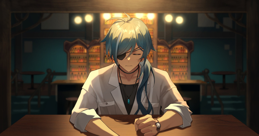 1boy absurdres alternate_costume bar_(place) black_shirt blue_hair blurry blurry_background chair clenched_hand closed_eyes closed_mouth counter dark-skinned_male dark_skin eyepatch facing_viewer genshin_impact hair_over_shoulder highres jacket jewelry kaeya_(genshin_impact) kawausoman long_hair long_sleeves low_ponytail male_focus necklace official_art shadow shirt sitting sleeves_rolled_up solo spotlight stairs sweatdrop swept_bangs table upper_body watch watch white_jacket wooden_table