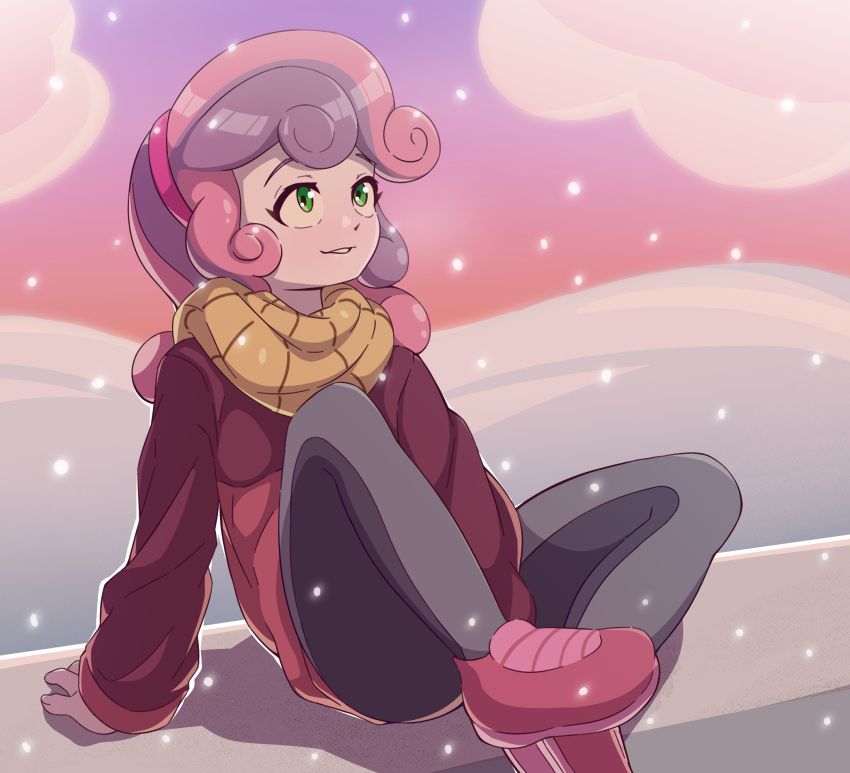 1girl clouds commentary english_commentary green_eyes highres long_hair long_sleeves multicolored_hair my_little_pony my_little_pony:_equestria_girls my_little_pony:_friendship_is_magic pants rockset scarf shoes sitting smile snow solo sweetie_belle