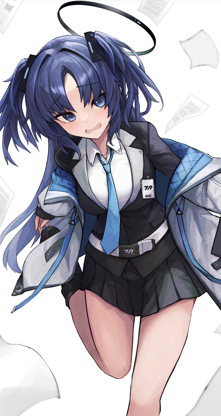 1girl absurdres bag_(chrko_bag) black_skirt blue_archive blue_necktie blush breasts collared_shirt foot_out_of_frame halo highres jacket long_hair long_sleeves looking_at_viewer mechanical_halo medium_breasts necktie open_clothes open_jacket open_mouth pleated_skirt purple_hair shirt simple_background skirt solo suit two-sided_fabric two-sided_jacket two_side_up violet_eyes white_background white_jacket white_shirt yuuka_(blue_archive)