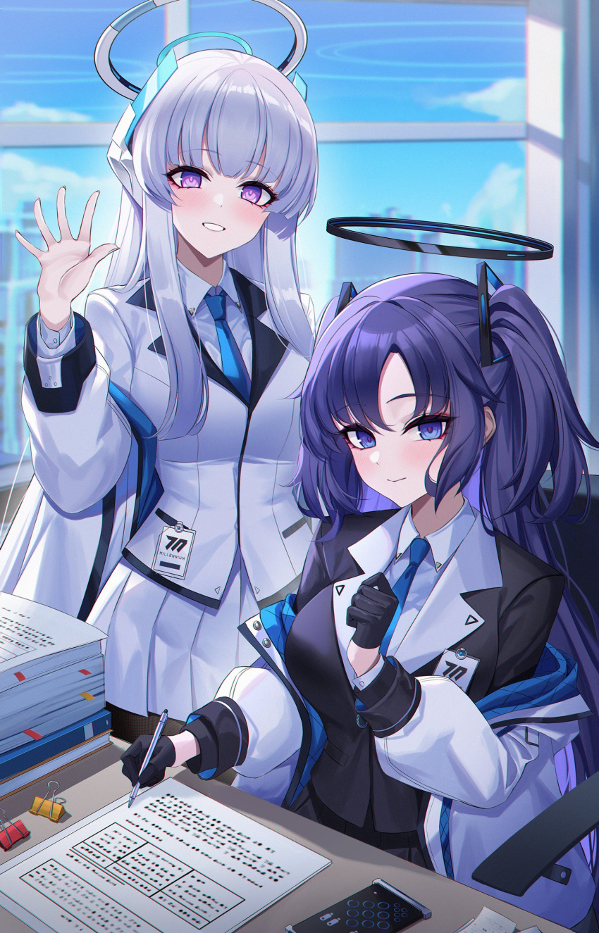 2girls absurdres black_gloves blue_archive blue_necktie blush breasts closed_mouth collared_shirt eternity_(shadeh) gloves grey_hair grin halo highres holding holding_pen indoors jacket large_breasts long_hair long_sleeves mechanical_halo multiple_girls necktie noa_(blue_archive) paper pen pleated_skirt purple_hair revision shirt skirt smile two-sided_fabric two-sided_jacket two_side_up violet_eyes white_jacket white_shirt white_skirt window yuuka_(blue_archive)