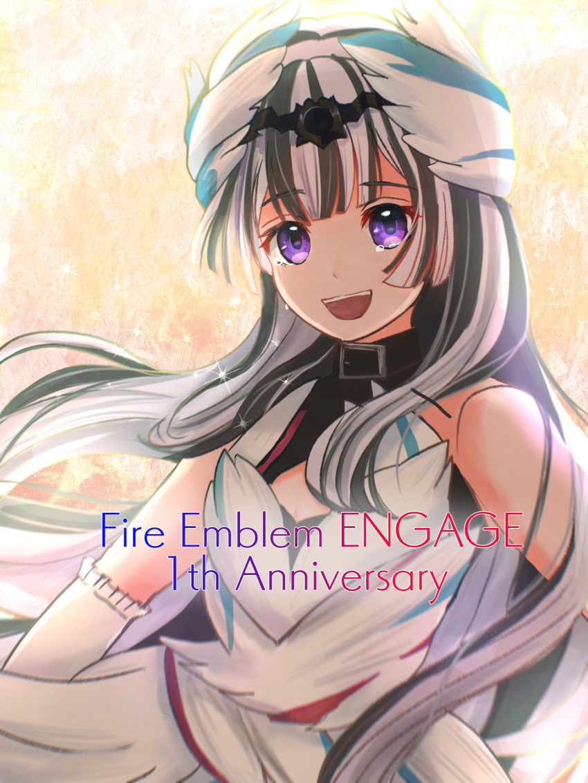 1girl black_hair collar dress elbow_gloves feather_hair_ornament feathers fire_emblem fire_emblem_engage gloves grey_hair hair_ornament highres long_hair looking_at_viewer open_mouth smile solo teeth tochiryo upper_teeth_only very_long_hair veyle_(fire_emblem) violet_eyes white_dress white_gloves