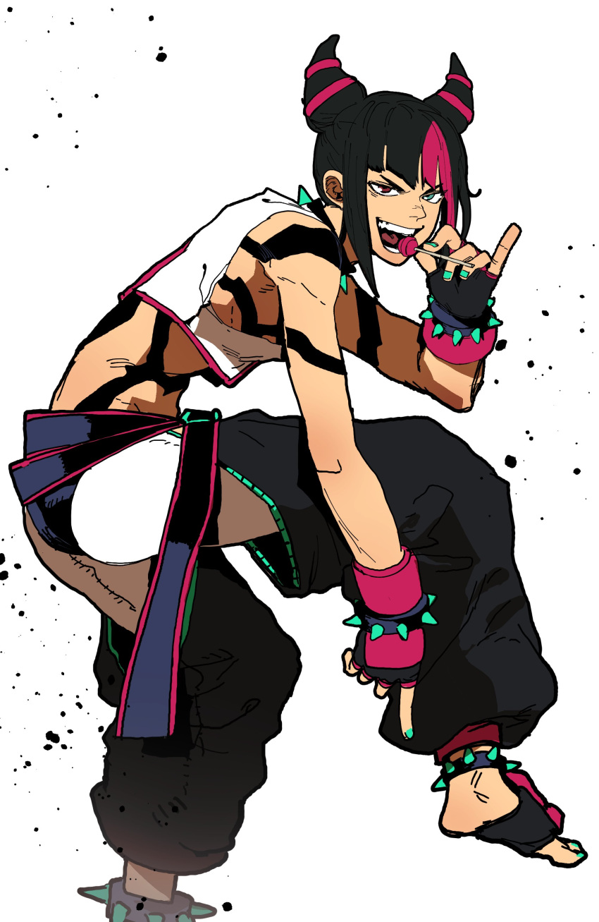 1girl absurdres aqua_nails arched_back baggy_pants bare_shoulders belt black_belt black_hair blue_eyes bracelet candy collar crop_top dyed_bangs feet fingerless_gloves food foot_out_of_frame from_side gloves hair_horns han_juri hand_up heterochromia highres isaacchief300 jewelry knee_up leaning_forward lollipop looking_at_viewer multicolored_hair nail_polish paint_splatter panties_over_leggings pants pinky_out pointing pointing_down short_hair sidelocks sleeveless smile solo spiked_anklet spiked_bracelet spiked_collar spikes standing standing_on_one_leg stirrup_footwear street_fighter street_fighter_iv_(series) teeth toeless_legwear toenail_polish toenails tongue two-tone_hair violet_eyes