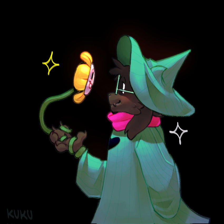 1boy arm_behind_back black_background claws deltarune flowey_(undertale) from_side furry furry_male glasses green_headwear green_robe highres holding in_palm kukustar_(kukuu) looking_at_another male_focus pink_scarf ralsei robe scarf signature solo sparkle upper_body