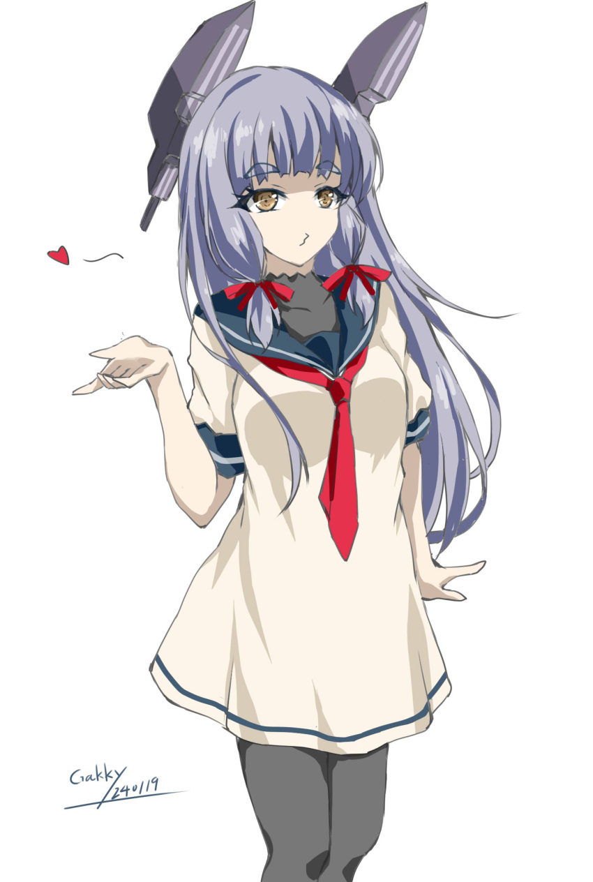 1girl artist_name black_pantyhose blowing_kiss blue_sailor_collar blunt_bangs dated dress feet_out_of_frame floating_headgear gakky grey_hair hair_ribbon headgear highres kantai_collection long_hair murakumo_(kancolle) necktie one-hour_drawing_challenge pantyhose red_necktie ribbon sailor_collar sidelocks simple_background solo standing tress_ribbon white_background white_dress yellow_eyes