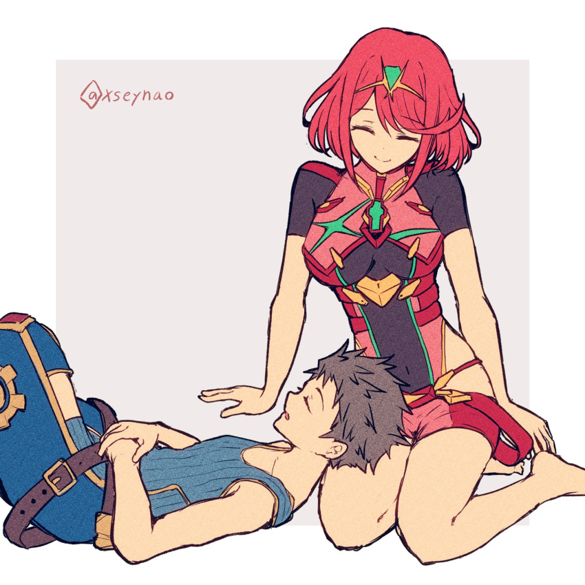 1boy 1girl barefoot belt blue_shirt breasts brown_belt brown_hair chest_jewel closed_eyes closed_mouth highres jewelry lap_pillow large_breasts lying mochimochi_(xseynao) on_back open_mouth pyra_(xenoblade) redhead rex_(xenoblade) shirt short_hair short_sleeves shorts simple_background sleeping smile swept_bangs tiara twitter_username xenoblade_chronicles_(series) xenoblade_chronicles_2