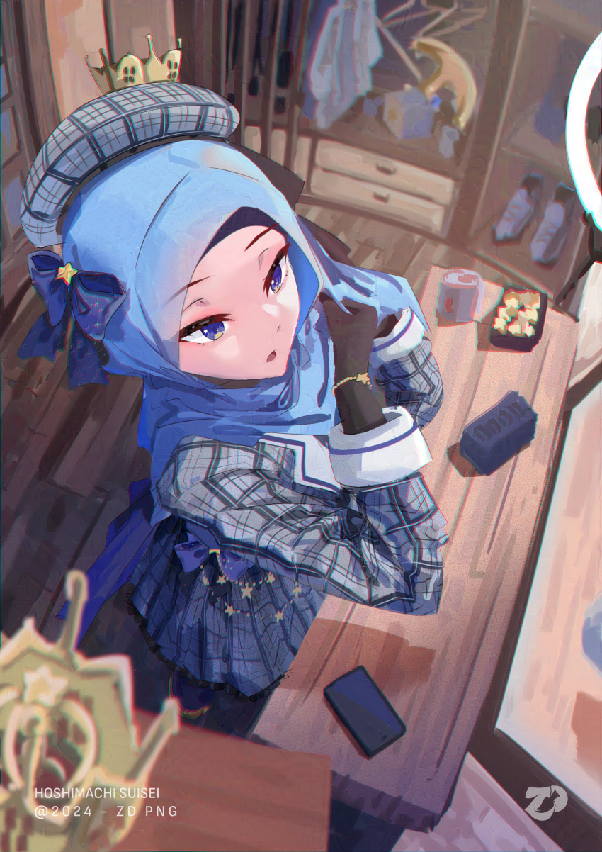 1girl absurdres adjusting_clothes adjusting_headwear black_gloves blue_bow blue_eyes blue_hair bow cellphone crown desk_lamp dress english_commentary gloves highres hijab hololive hoshimachi_suisei hoshimachi_suisei_(1st_costume) lamp phone plaid plaid_dress plaid_headwear smartphone table virtual_youtuber watermark wooden_floor wooden_table zull