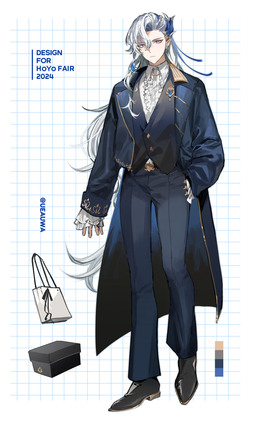 1boy alternate_costume asymmetrical_bangs bag black_footwear black_vest blue_coat blue_hair blue_pants brooch center_frills closed_mouth coat color_guide earrings english_text expressionless feather_hair_ornament feathers frilled_sleeves frills full_body genshin_impact hair_between_eyes hair_ornament hand_in_pocket hand_on_own_hip highres jewelry lapels long_hair long_sleeves looking_at_viewer male_focus multicolored_hair neuvillette_(genshin_impact) notched_lapels open_clothes open_coat pants pointy_ears reference_sheet sailor_collar shirt shoes shopping_bag single_sidelock sleeve_cuffs standing streaked_hair stud_earrings twitter_username ueauwa very_long_hair vest violet_eyes white_background white_hair white_shirt