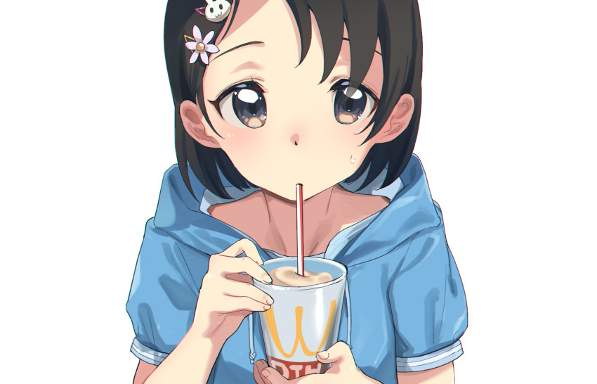 1girl bad_id bad_pawoo_id black_hair blue_hoodie cup disposable_cup djheycha drawstring drinking drinking_straw flower food hair_flower hair_ornament hairclip highres holding holding_cup hood hood_down hoodie ice_cream idolmaster idolmaster_cinderella_girls looking_at_viewer product_placement rabbit_hair_ornament sasaki_chie short_sleeves simple_background solo sweatdrop wcdonald's white_background