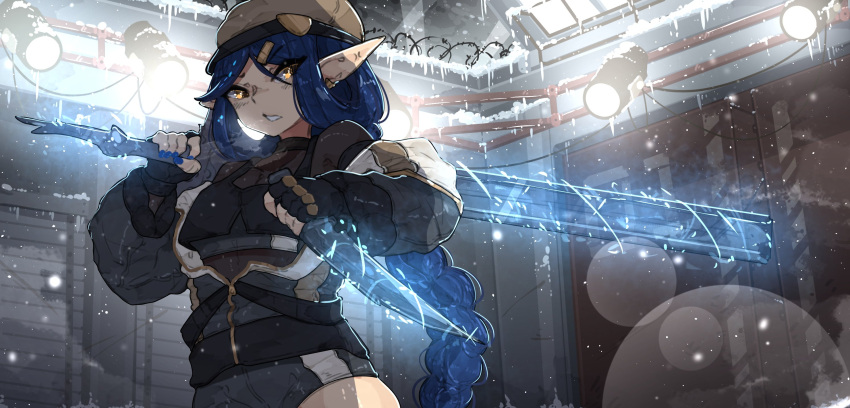 1girl adelaide_cartier_(shuuko) barbed_wire black_gloves blue_hair blue_nails bodystocking braid braided_ponytail cowboy_shot crop_top dagger elf fingerless_gloves gloves greatsword hair_ornament hairclip hat highres ice icicle indoors jacket knife lens_flare long_hair looking_at_viewer original partially_unzipped pointy_ears short_shorts shorts shuuko_(s_h_uuko) snow solo spotlight sword teeth weapon yellow_eyes