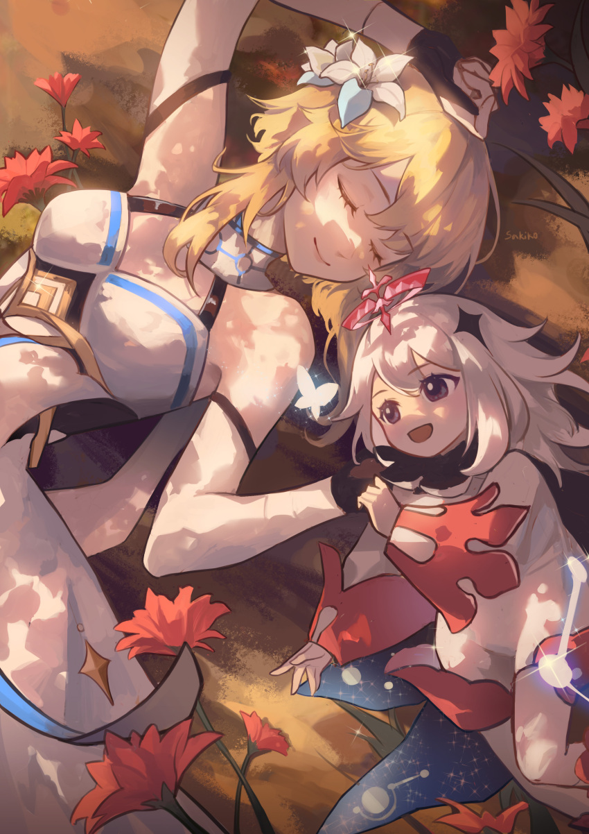 2girls :d absurdres autumn_leaves bare_shoulders blonde_hair blush breasts clover_print constellation_print detached_sleeves dress feather_hair_ornament feathers flower genshin_impact gloves hair_between_eyes hair_flower hair_ornament halo highres holding_hands kano_sakiko lily_(flower) lumine_(genshin_impact) lying medium_breasts multiple_girls on_back paimon_(genshin_impact) partially_fingerless_gloves short_hair_with_long_locks single_thighhigh smile thigh-highs white_dress white_flower white_hair