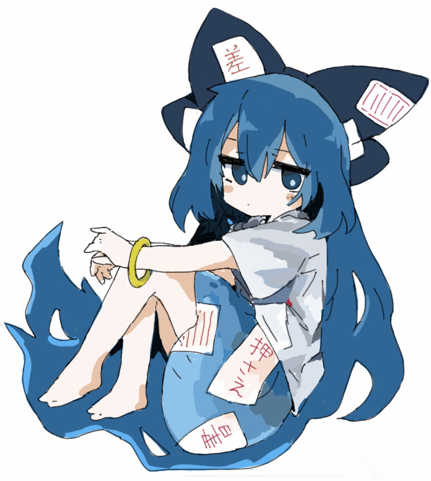 1girl 76gpo black_bow blue_hair blue_skirt blue_sleeves bow bracelet debt full_body hair_bow highres jewelry long_hair short_sleeves simple_background skirt solo touhou very_long_hair white_background yorigami_shion