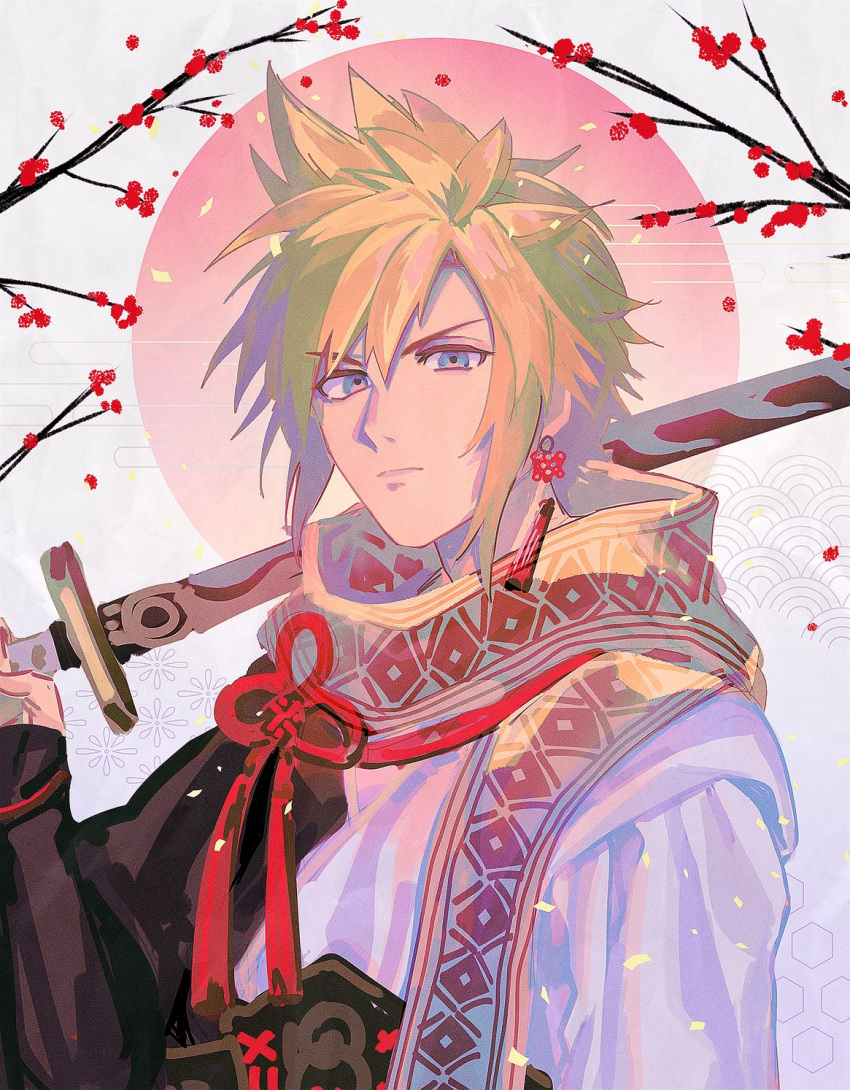 1boy blonde_hair blue_eyes cherry_blossoms cloud_strife cloud_strife_(official_festive_garb) earrings final_fantasy_vii_ever_crisis hand_up highres hityandayo holding holding_sword holding_weapon japanese_clothes jewelry katana kimono male_focus multicolored_clothes multicolored_kimono over_shoulder red_tassel scarf seigaiha serious short_hair solo spiky_hair sword sword_over_shoulder tassel tassel_earrings upper_body weapon weapon_over_shoulder