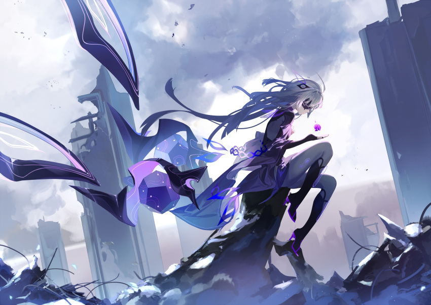 1girl ahoge boots cape closed_mouth clouds elbow_gloves fingerless_gloves gloves grey_hair high_heel_boots high_heels highres light_particles long_hair loud magic mask minus_(synthesizer_v) outdoors profile purple_cape purple_shirt purple_theme ruins shirt solo synthesizer_v wind zirancike