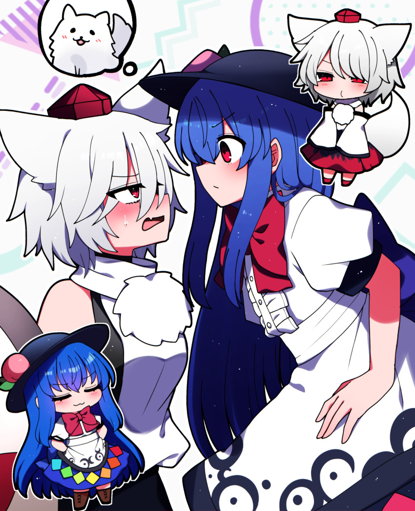 2girls absurdres animal_ears black_headwear black_skirt blue_hair blue_skirt blush boots bow bowtie brown_footwear buttons center_frills closed_eyes closed_mouth collared_shirt fang frills grey_hair hair_between_eyes hat highres hinanawi_tenshi inubashiri_momiji japanese_clothes long_hair multiple_girls multiple_views open_mouth pom_pom_(clothes) puffy_short_sleeves puffy_sleeves rainbow_order red_bow red_bowtie red_footwear red_headwear red_skirt redhead shirt shoes short_hair short_sleeves skin_fang skirt tokin_hat touhou white_shirt wolf_ears you_(noanoamoemoe)