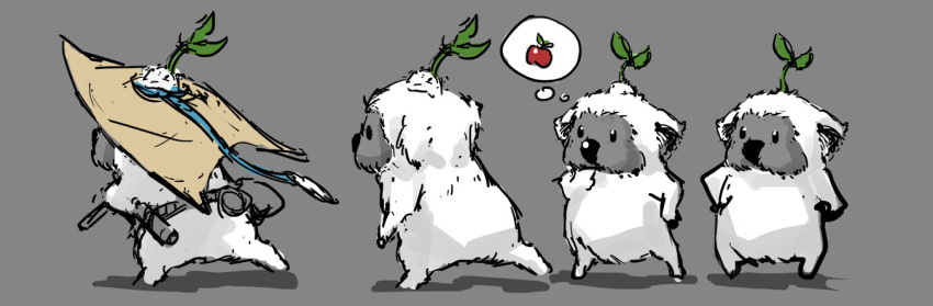 apple creature food from_side fruit grey_background hat kan_liu_(666k) no_humans original plant_on_head sketch straw_hat thinking thought_bubble walking white_fur