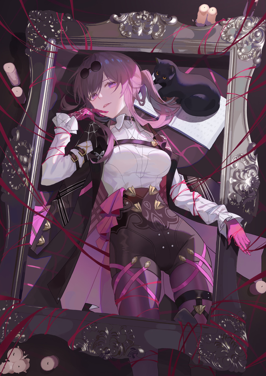 1girl arm_belt black_cat book breasts brown_jacket butterfly_ornament candle cat chest_harness collared_shirt empty_picture_frame eyewear_on_head foot_out_of_frame from_above gloves hand_up harness high-waist_shorts highres honkai:_star_rail honkai_(series) jacket kafka_(honkai:_star_rail) large_breasts lying medium_hair on_back on_ground open_book pantyhose pantyhose_under_shorts parted_lips picture_frame pince-nez ponytail purple_gloves purple_hair purple_pantyhose qianchenyu77 ribbon round_eyewear shirt shorts sidelocks solo spider_web_print spotlight violet_eyes white_shirt