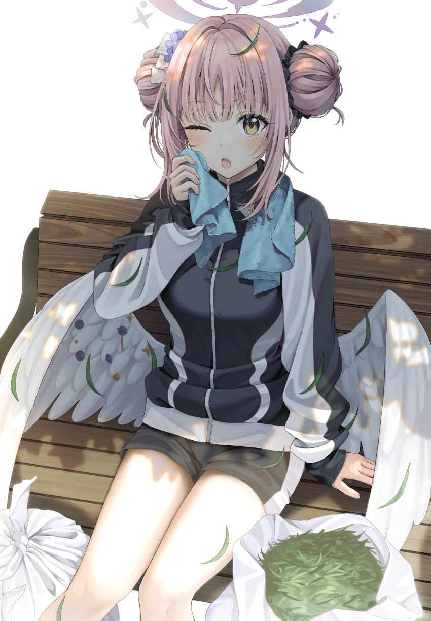 1girl absurdres angel_wings bench black_jacket black_shorts blue_archive blush breasts feathered_wings gym_shorts gym_uniform halo highres jacket large_breasts long_sleeves mika_(blue_archive) ojyomu one_eye_closed open_mouth pink_hair pink_halo short_hair shorts sitting solo track_jacket white_wings wings yellow_eyes