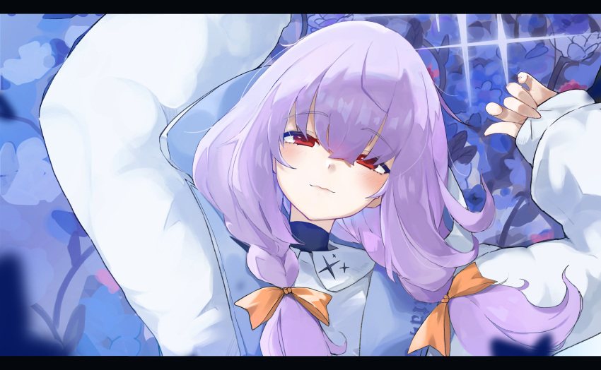 1girl absurdres atsuko_(blue_archive) blue_archive blush braid chankuro closed_mouth hair_between_eyes halo highres jacket letterboxed light_smile long_hair long_sleeves looking_at_viewer puffy_long_sleeves puffy_sleeves purple_hair purple_halo red_eyes solo twin_braids upper_body white_jacket