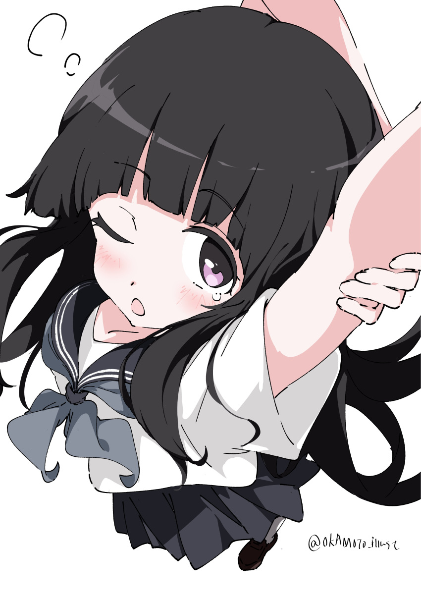 1girl absurdres arm_grab arms_up black_hair blush chitanda_eru commentary_request highres holding_own_arm hyouka long_hair looking_at_viewer neckerchief one_eye_closed open_mouth pleated_skirt sailor_collar school_uniform serafuku shirt shoes skirt watermark white_gorilla_(okamoto) white_shirt