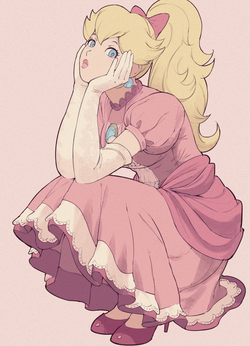 1girl blonde_hair blue_eyes bow breasts commentary dress earrings elbow_gloves full_body giganticbuddha gloves hair_bow high_heels highres jewelry long_dress medium_breasts pink_bow pink_dress pink_lips ponytail princess_peach princess_peach:_showtime! puffy_short_sleeves puffy_sleeves short_sleeves solo squatting super_mario_bros. white_gloves