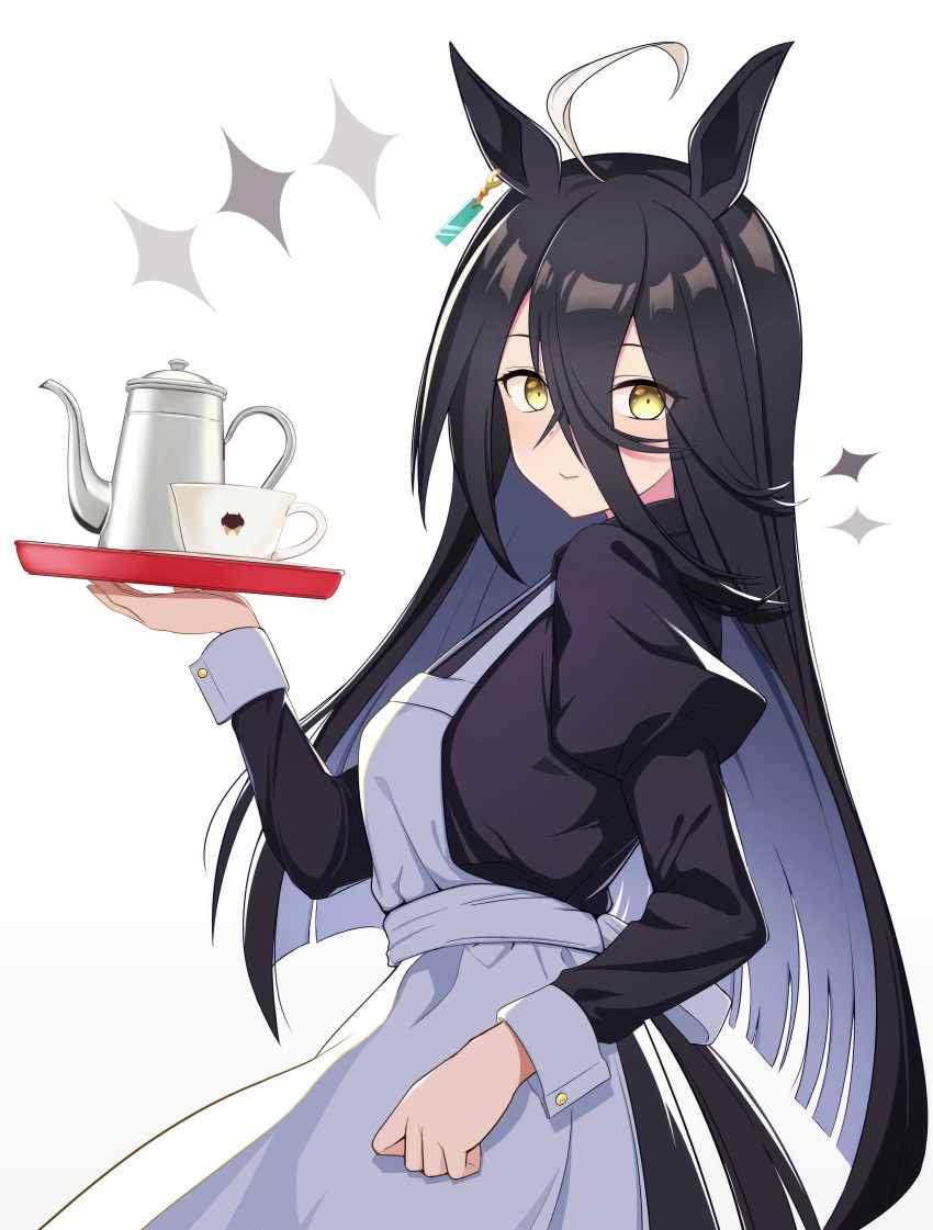 1girl absurdres ahoge alternate_costume animal_ears apron black_dress black_hair cup dress earrings enmaided frilled_apron frills hair_between_eyes highres holding holding_tray horse_ears horse_girl horse_tail jewelry juliet_sleeves long_bangs long_hair long_sleeves looking_at_viewer maid manhattan_cafe_(umamusume) puffy_sleeves simple_background single_earring smile solo sonoda_345 tail teacup teapot tray umamusume waist_apron white_apron white_background white_hair yellow_eyes