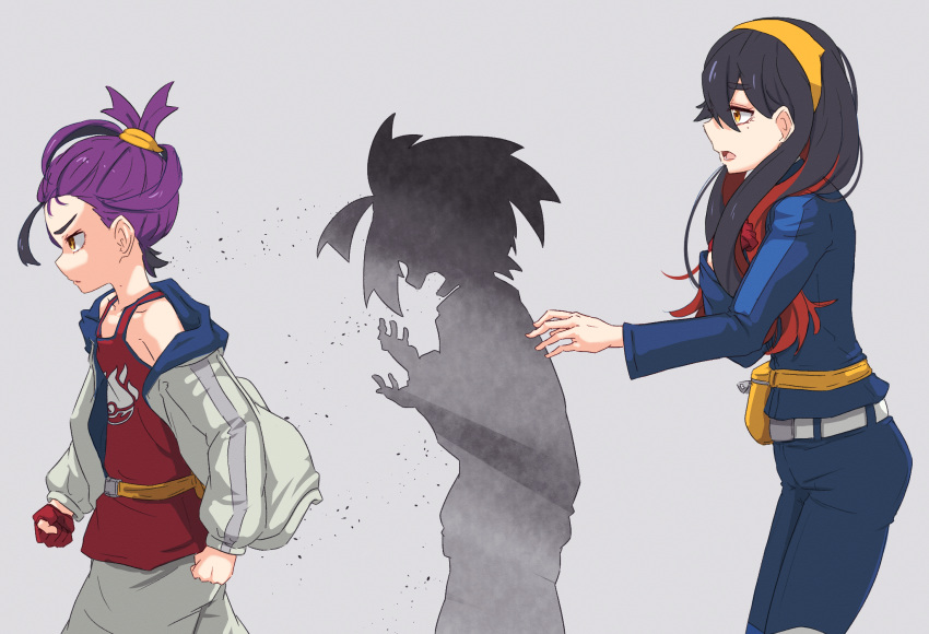 1boy 1girl belt belt_buckle black_hair blue_jacket blue_pants buckle carmine_(pokemon) clenched_hands commentary_request fanny_pack from_side gloves grey_background hairband highres ito_(itokayu) jacket kieran_(pokemon) long_hair long_sleeves off_shoulder open_mouth pants partial_commentary partially_fingerless_gloves pokemon pokemon_sv purple_hair red_gloves red_shirt shirt shorts single_glove sleeveless sleeveless_shirt tank_top yellow_bag yellow_hairband