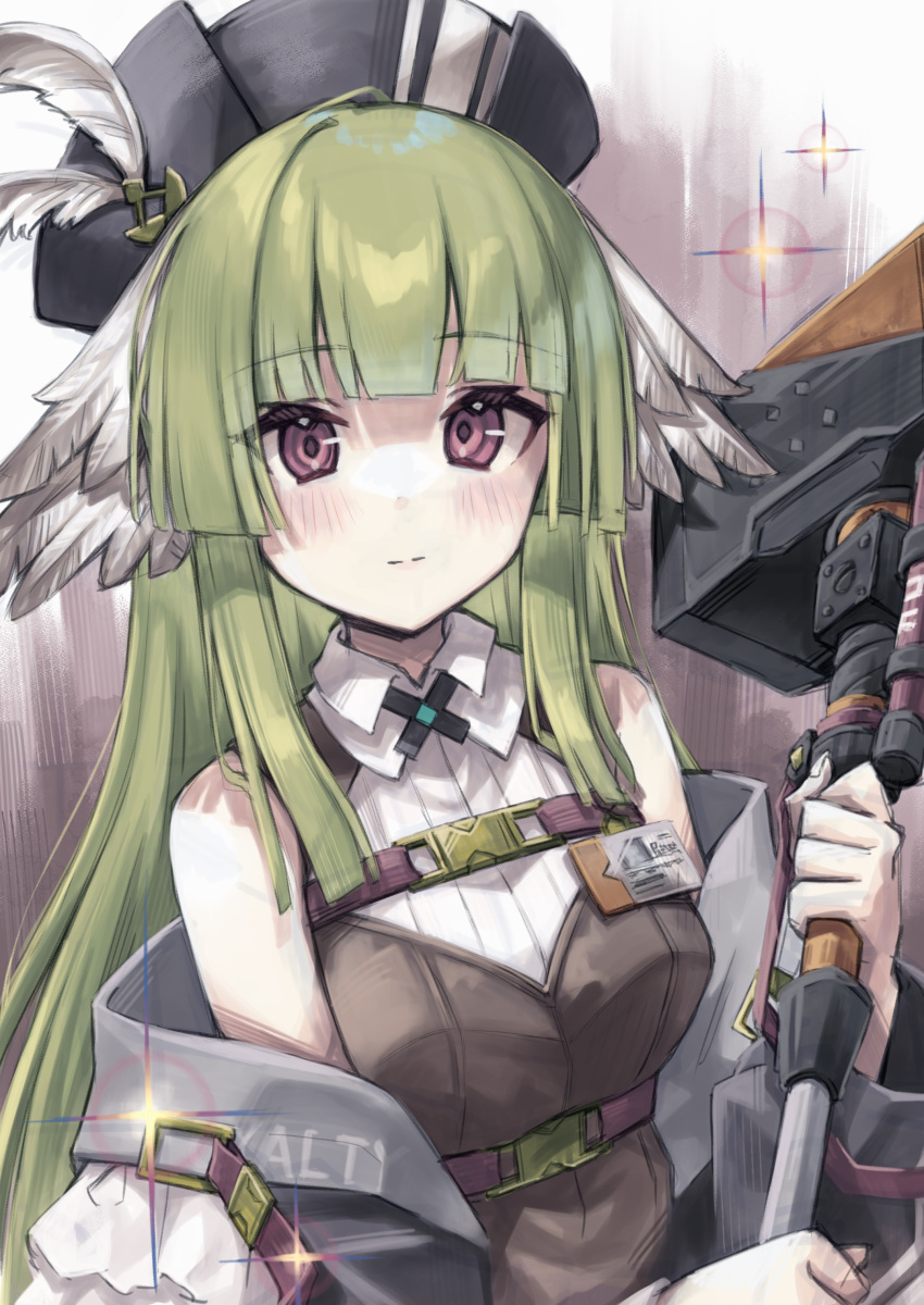 1girl absurdres arknights bare_shoulders black_headwear blunt_bangs blush breasts closed_mouth commentary_request feathered_wings green_hair hammer hat_feather head_wings highres holding holding_hammer long_hair looking_at_viewer medium_breasts poncirus_(arknights) semi_colon shirt sidelocks sleeveless sleeveless_shirt solo upper_body violet_eyes white_wings wings