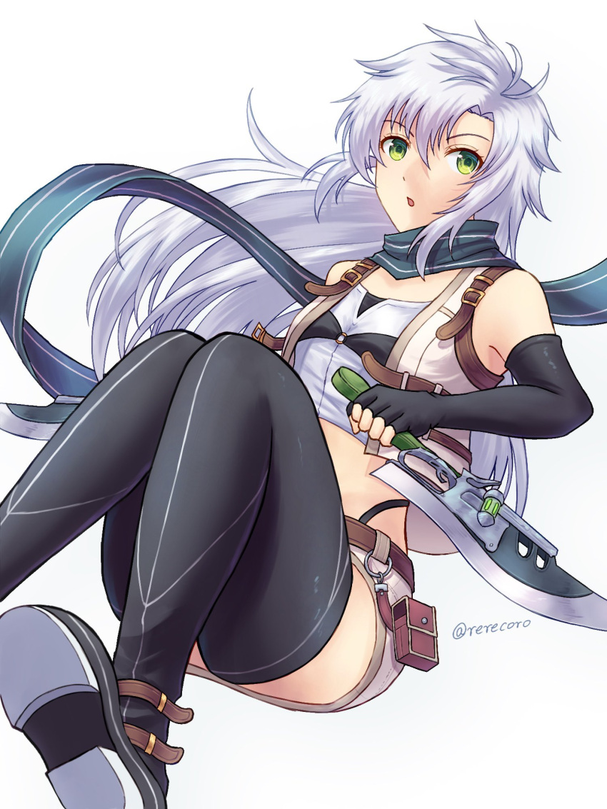 1girl belt_pouch crop_top cropped_jacket dual_wielding eiyuu_densetsu elbow_gloves fie_claussell fingerless_gloves floating_hair gloves gunblade hair_between_eyes highres holding kuro_no_kiseki long_hair looking_at_viewer pouch rerecoro scarf simple_background solo thigh-highs twitter_username weapon white_background white_hair
