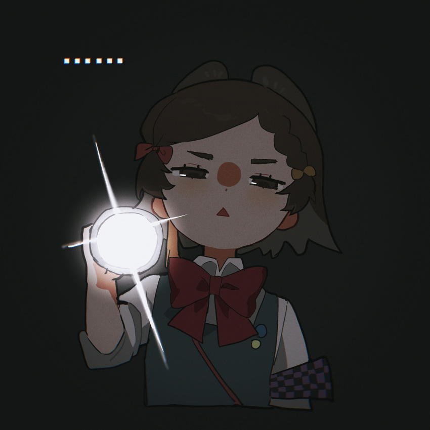 ... 1girl armband badge black_armband black_background blue_vest bow bowtie braid brown_eyes brown_hair checkered_armband chinese_commentary collared_shirt commentary_request dark_background eyelashes flashlight furrowed_brow gleam hair_bow half-closed_eyes highres holding holding_flashlight light_blush long_sleeves looking_at_viewer makishima_haru pink_bow purple_armband raging_loop red_bow red_bowtie riko-m school_uniform shirt short_hair simple_background single_braid sleeves_past_elbows solo thick_eyebrows triangle_mouth unamused upper_body vest white_shirt yellow_bow