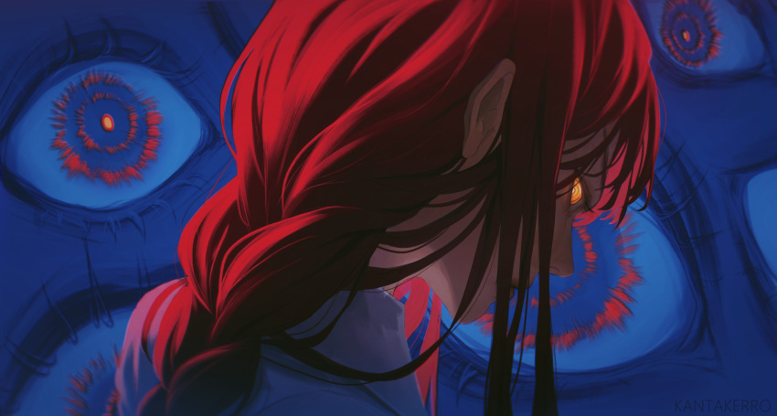 1girl artist_name blue_background braid braided_ponytail chainsaw_man closed_mouth collared_shirt commentary extra_eyes eyelashes from_behind from_side highres kantakerro lips looking_at_viewer makima_(chainsaw_man) messy_hair monster portrait profile redhead ringed_eyes shirt solo_focus yellow_eyes
