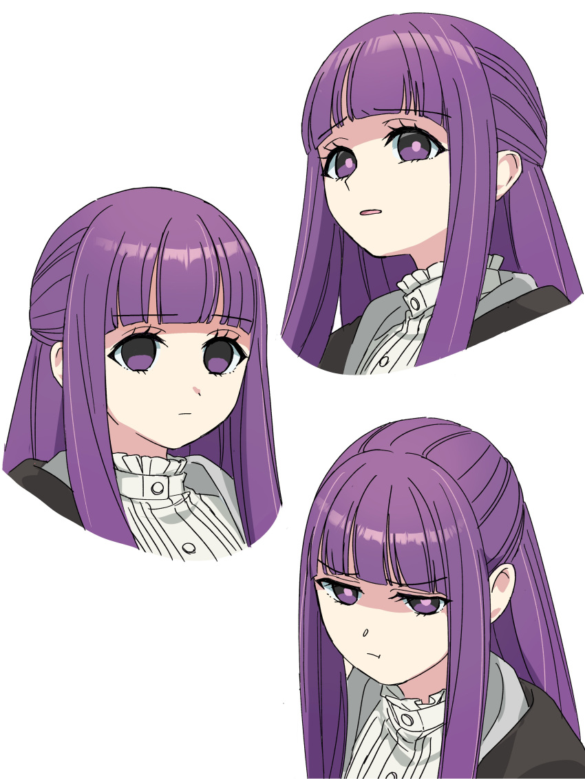 1girl absurdres blunt_bangs closed_mouth commentary_request cropped_torso empty_eyes expressions fern_(sousou_no_frieren) glaring highres kanipoposu long_hair looking_at_viewer multiple_views parted_lips portrait purple_hair sidelocks simple_background sousou_no_frieren straight_hair violet_eyes white_background