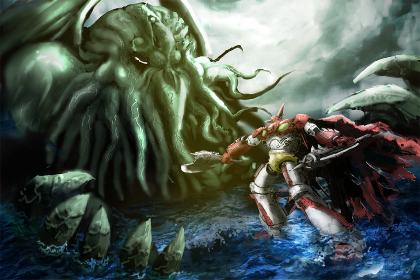 antares_warld arm_blade armor axe battle cape clouds cloudy_sky colored_skin crossover cthulhu cthulhu_mythos dual_wielding getter-1 getter_robo getter_robo_(1st_series) giant giant_monster green_skin holding holding_axe holding_weapon joints kaijuu machine mecha monster multicolored_armor naval_battle no_humans ocean red_armor red_cape robot robot_joints science_fiction size_difference sky super_robot tentacles tomahawk torn_cape torn_clothes veins water weapon white_armor wings yellow_armor