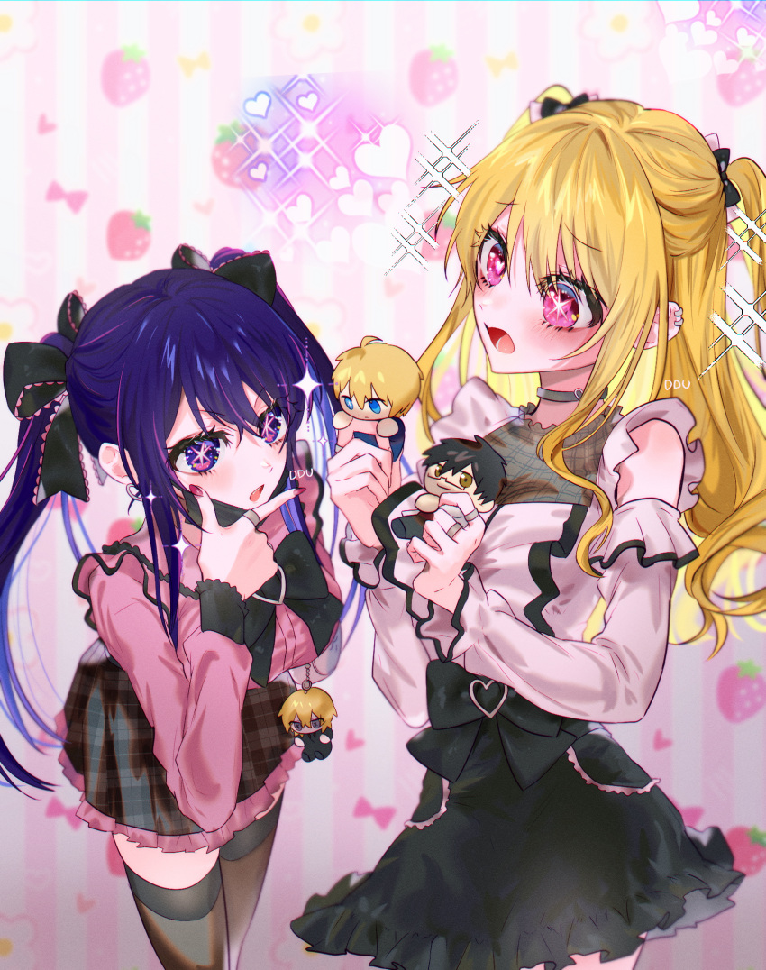 2girls alternate_costume alternate_hairstyle amamiya_gorou artist_name black_bow black_bowtie black_choker black_mask black_skirt black_thighhighs blonde_hair blush bow bowtie breasts character_doll choker clothing_cutout commentary_request ear_piercing earrings film_grain frilled_skirt frills hair_bow hand_on_own_chin heart heart-shaped_pupils highres hoshino_ai_(oshi_no_ko) hoshino_aquamarine hoshino_ruby jewelry jirai_kei kamiki_hikaru korean_commentary long_hair long_sleeves looking_at_another mask mask_pull medium_breasts mismatched_pupils mouth_mask multicolored_hair multiple_girls multiple_rings nail_polish open_mouth oshi_no_ko piercing pink_background pink_eyes pink_hair pink_nails pink_shirt plaid plaid_skirt ponytail purple_hair ring shirt shoulder_cutout sidelocks skirt sparkle star-shaped_pupils star_(symbol) streaked_hair symbol-shaped_pupils teeth thigh-highs two_side_up upper_teeth_only violet_eyes yubto_45 zettai_ryouiki