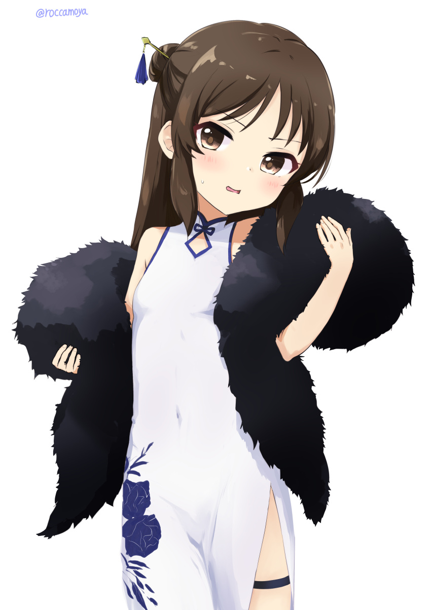 1girl absurdres black_shawl brown_eyes brown_hair china_dress chinese_clothes commentary_request covered_navel dress flat_chest floral_print fur_shawl hair_ornament hair_stick head_tilt highres idolmaster idolmaster_cinderella_girls light_blush long_hair looking_at_viewer parted_lips print_dress roccamoya rose_print shawl side_slit sidelocks sleeveless sleeveless_dress solo sweat tachibana_arisu thigh_strap thighs twitter_username white_background white_dress