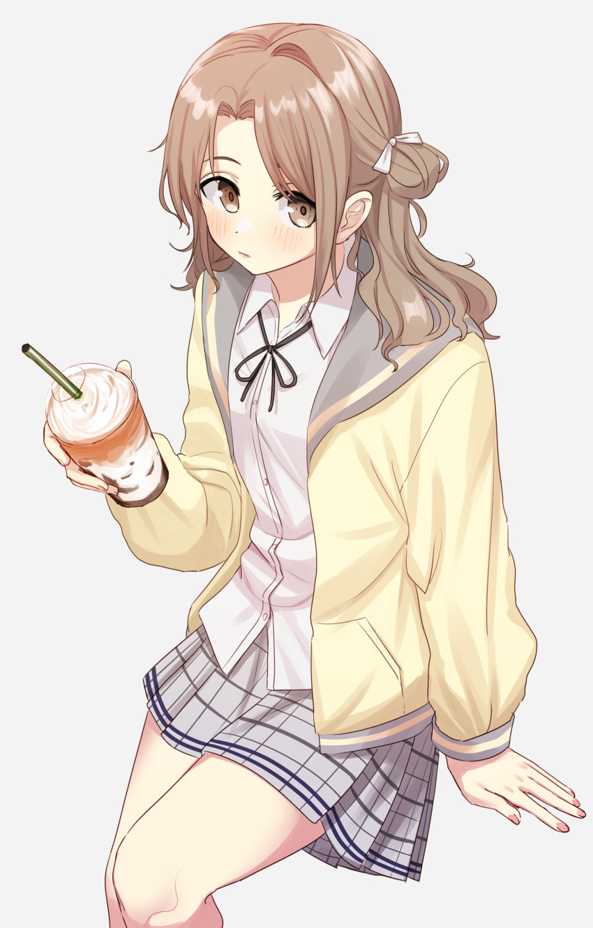 1girl absurdres benbe black_ribbon blush brown_eyes brown_hair cardigan closed_mouth collared_shirt drink feet_out_of_frame grey_skirt hair_ribbon highres holding holding_drink ichikawa_hinana idolmaster idolmaster_shiny_colors invisible_chair long_sleeves looking_at_viewer neck_ribbon one_side_up plaid plaid_skirt ribbon shirt simple_background sitting skirt solo white_background white_ribbon yellow_cardigan