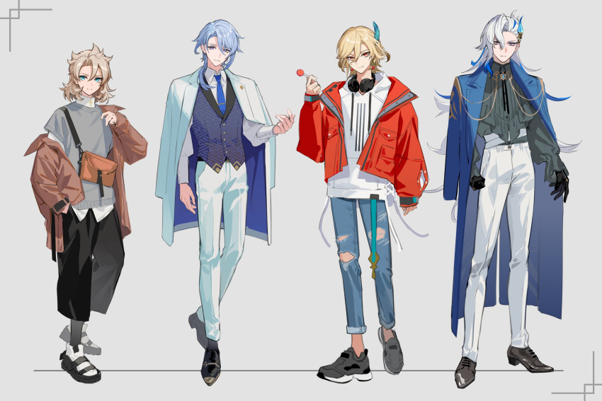 4boys :| albedo_(genshin_impact) alternate_costume aqua_belt aqua_eyes arm_at_side asymmetrical_bangs belt black_footwear black_gloves black_pants black_socks blonde_hair blue_coat blue_hair blue_necktie bolo_tie brooch brown_jacket candy clenched_hand closed_mouth coat coat_on_shoulders collared_shirt cross-laced_clothes curtained_hair denim drawstring earrings expressionless fanny_pack feather_hair_ornament feathers food frilled_shirt frilled_sleeves frills full_body genshin_impact gloves grey_background grey_shirt grey_sweater_vest grey_vest hair_between_eyes hair_ornament hair_over_shoulder hand_in_pocket hand_up headphones highres holding holding_candy holding_food holding_lollipop hood hood_down hoodie jacket jeans jewelry kamisato_ayato kaveh_(genshin_impact) light_blue_hair lineup lollipop long_hair long_sleeves looking_at_viewer lowro_(en) male_focus medium_hair mole mole_under_mouth multicolored_hair multiple_boys necktie neuvillette_(genshin_impact) off_shoulder open_clothes open_jacket oxfords pants red_eyes red_jacket sayagata shirt shirt_tucked_in shoes simple_background smile sneakers socks standing streaked_hair sweater_vest tie_clip torn_clothes torn_jeans torn_pants two-tone_footwear untucked_shirt vest violet_eyes white_coat white_footwear white_hair white_hoodie white_pants white_shirt