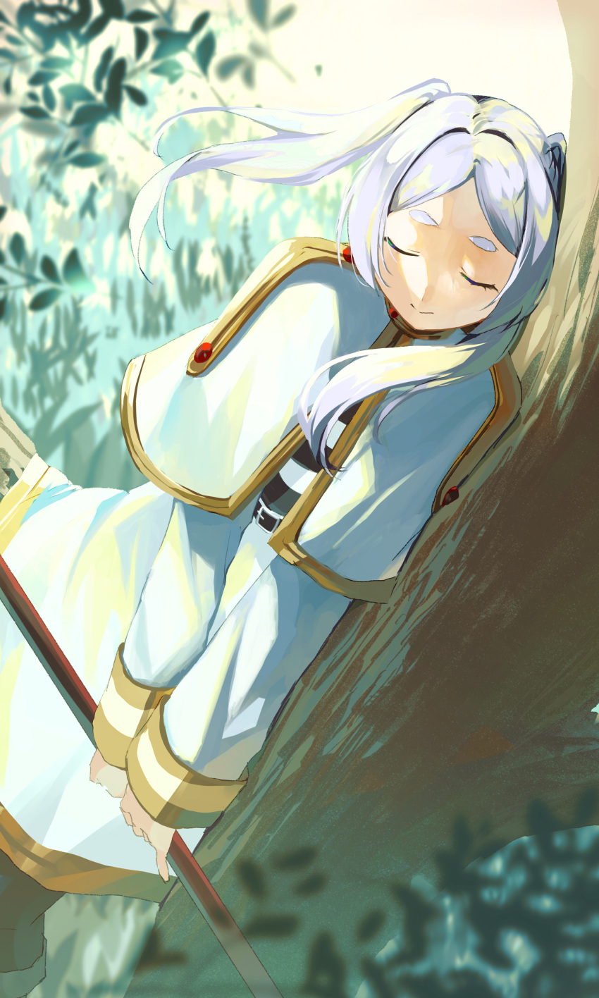 1girl absurdres belt black_pantyhose capelet commentary_request frieren highres holding holding_staff long_hair maguri_rei outdoors pantyhose parted_bangs shirt sleeping solo sousou_no_frieren staff striped_clothes striped_shirt tree twintails white_capelet white_hair