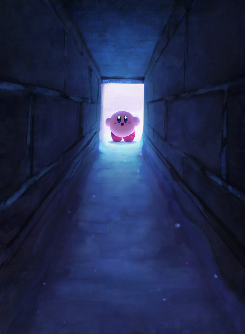 :d absurdres arms_up artist_name blue_eyes blush blush_stickers brick_wall commentary_request hallway highres kirby kirby_(series) light_particles looking_at_viewer no_humans open_mouth smile solo standing suyasuyabi tiptoes twitter_username