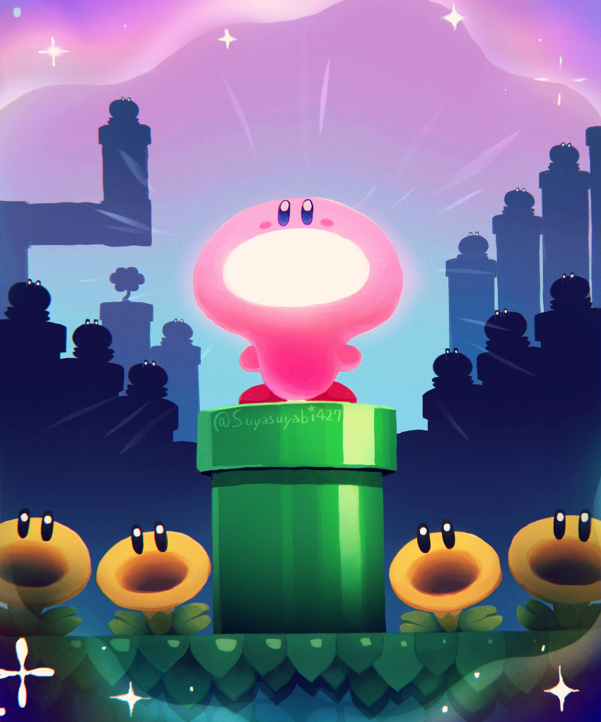 absurdres artist_name blue_eyes blush blush_stickers commentary_request crossover flower flowey_(undertale) grass highres kirby kirby_(series) kirby_and_the_forgotten_land light-bulb_mouth light_bulb mouthful_mode no_humans outdoors purple_sky silhouette sky sparkle standing super_mario_bros. super_mario_bros._wonder suyasuyabi talking_flower_(mario) twitter_username undertale warp_pipe when_you_see_it