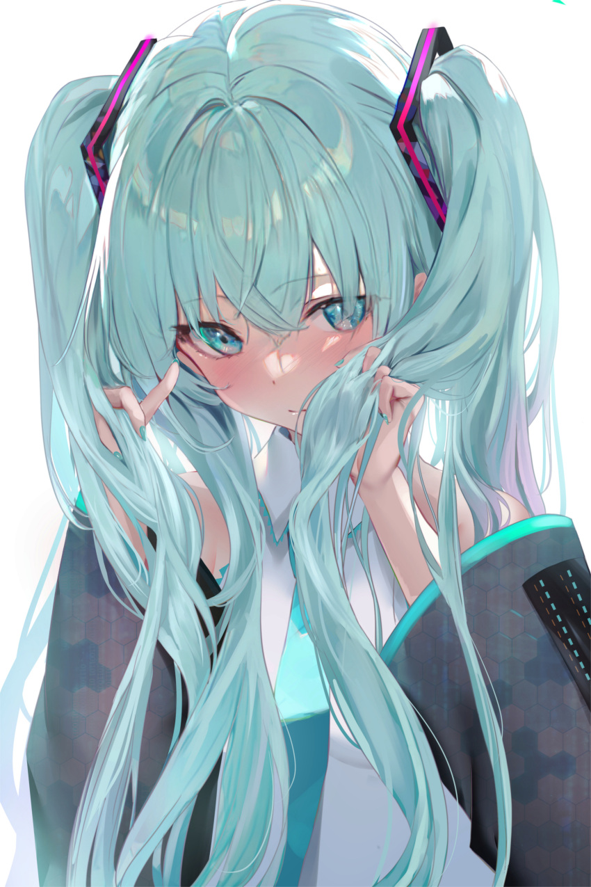 1girl absurdres aqua_eyes aqua_hair aqua_nails aqua_necktie bare_shoulders black_sleeves blush breasts closed_mouth collared_shirt commentary_request crossed_bangs detached_sleeves hair_between_eyes hair_ornament hatsune_miku highres holding_own_hair long_hair looking_at_viewer necktie shirt simple_background sleeveless sleeveless_shirt solo toukaiseiya twintails upper_body very_long_hair vocaloid white_background white_shirt wide_sleeves