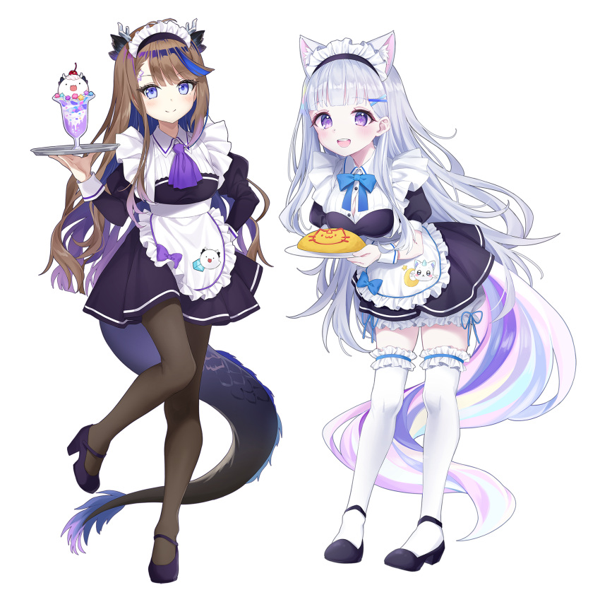 2girls :d airi_kanna alternate_costume animal_ear_fluff animal_ears apron ayatsuno_yuni black_dress black_footwear blue_bow blue_eyes blue_hair blush bow brown_hair brown_pantyhose chobi_(penguin_paradise) closed_mouth collared_dress commentary cup dragon_girl dragon_horns dragon_tail dress drinking_glass enmaided food frilled_apron frilled_thighhighs frills grey_hair hair_ornament hairclip highres holding holding_plate holding_tray horns juliet_sleeves leaning_forward long_hair long_sleeves looking_at_viewer maid maid_headdress multicolored_hair multiple_girls omelet omurice pantyhose plate pleated_dress puffy_short_sleeves puffy_sleeves purple_dress purple_footwear shoes short_sleeves smile standing standing_on_one_leg stellive symbol-only_commentary tail thigh-highs tray two-tone_hair very_long_hair violet_eyes virtual_youtuber white_apron white_thighhighs